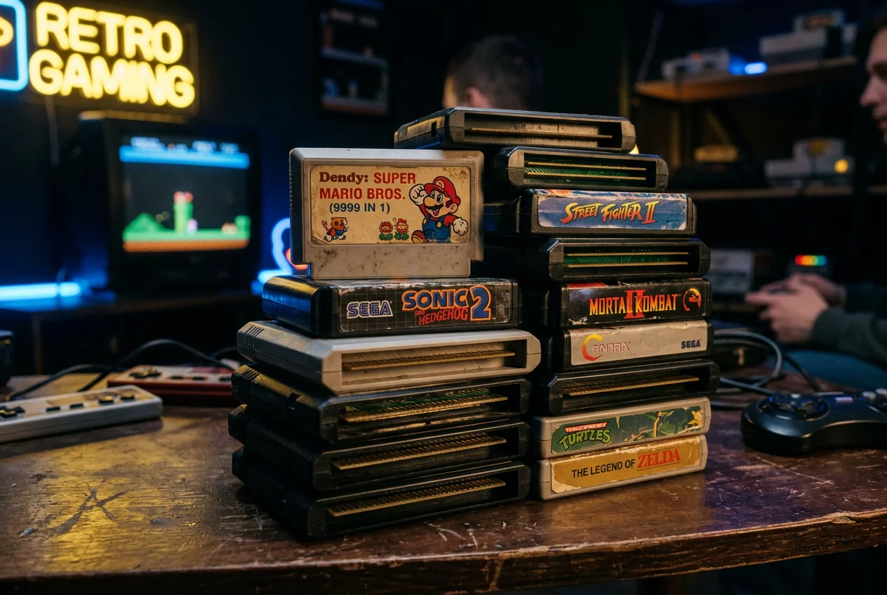Stack of vintage gaming cartridges